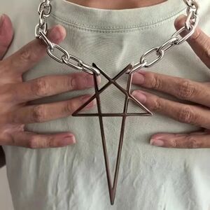 Oversized Punk Gothic Emo Geometric Silver Star Cross Pendant Necklace
